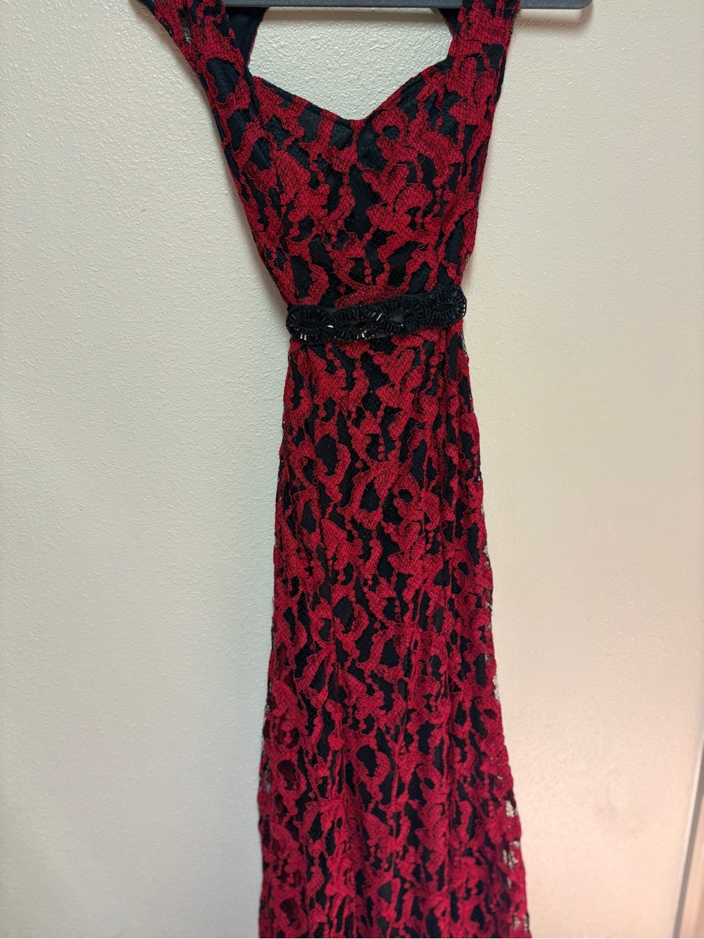 Betsy & Adam Red Lace Maxi Dress with Black Accents